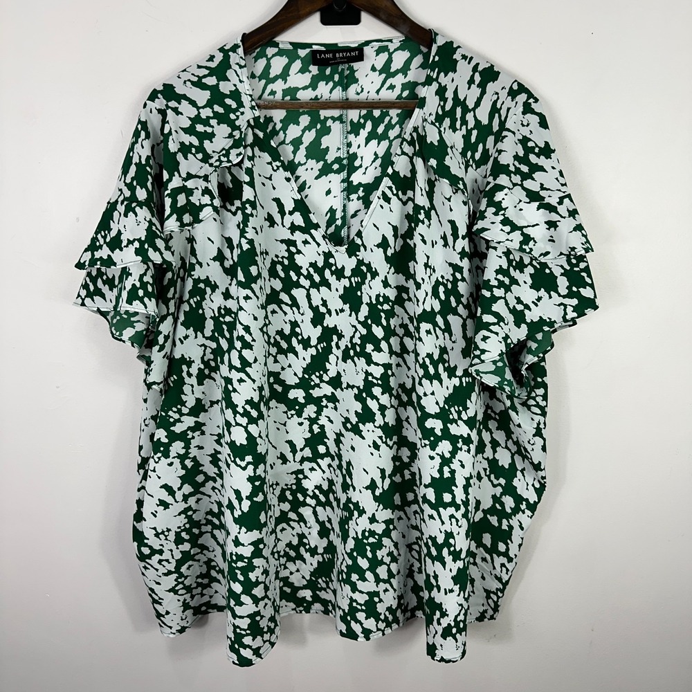 Lane‎ Bryant Top Womens 26 Green White Abstract Ruffle Sleeve Artsy Boho Resort